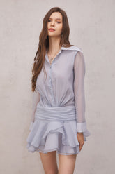 Brinley Açık Mavi Dantelli Fırfırlı Mini Elbise